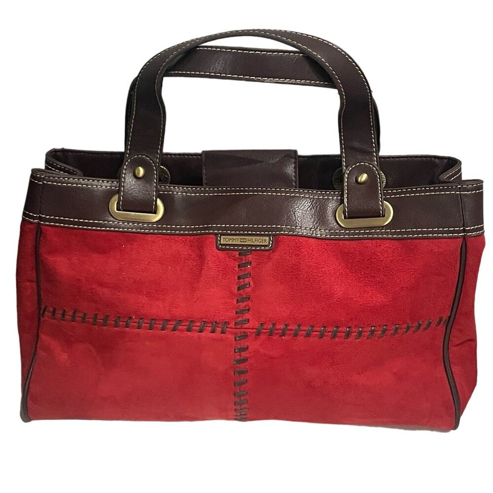 Tommy Hilfiger Suede Red Hobo Handbag Purse w/ Espresso Leather Accents